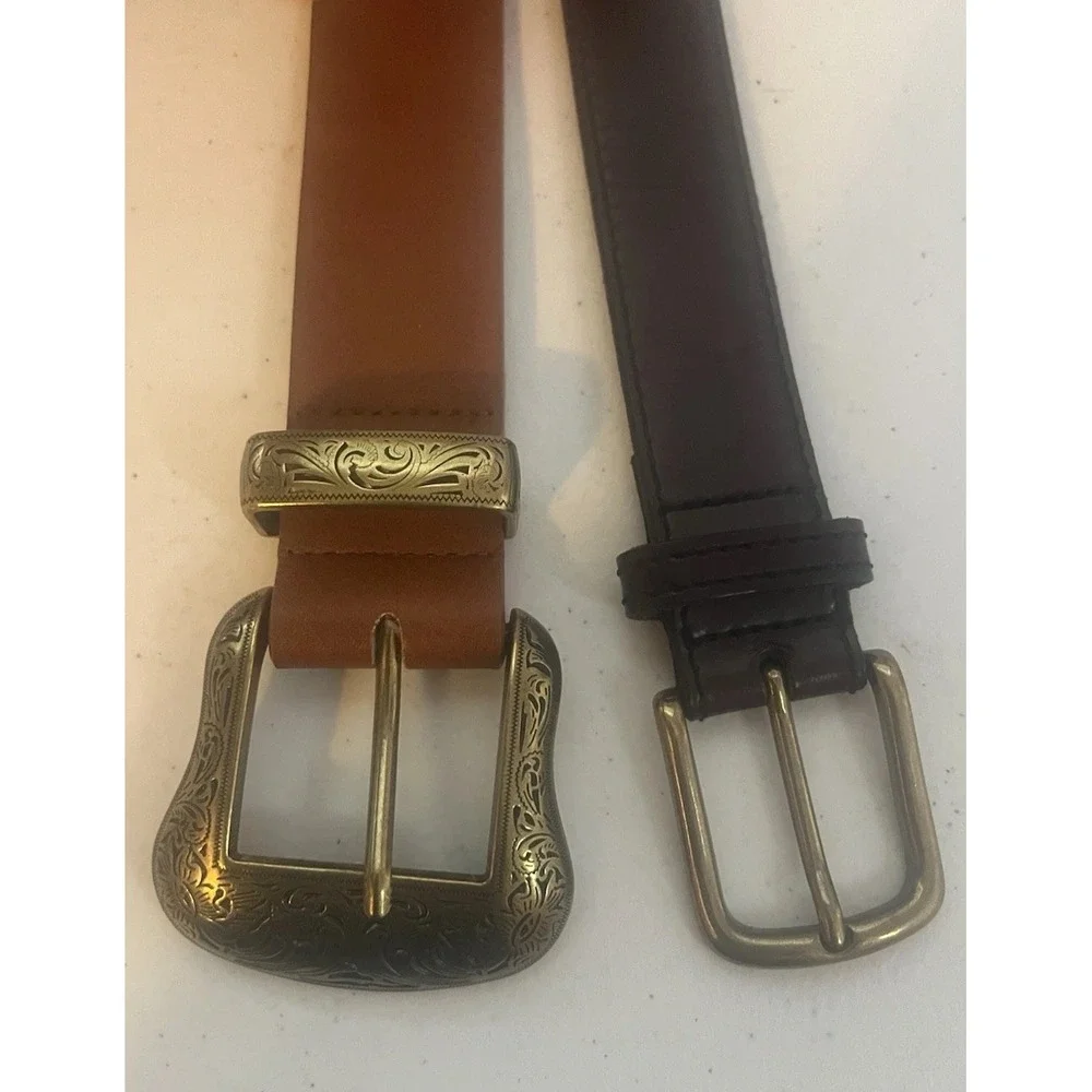 Mens Brown Western Brass Buckle Leather Belts Belt Lot 37-44 Large XL
